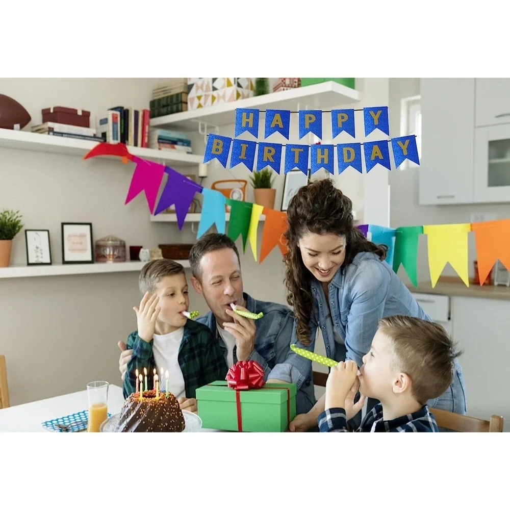 Blue Gold Happy Birthday Banner – Backdrop Sign for‎ Party Decorations